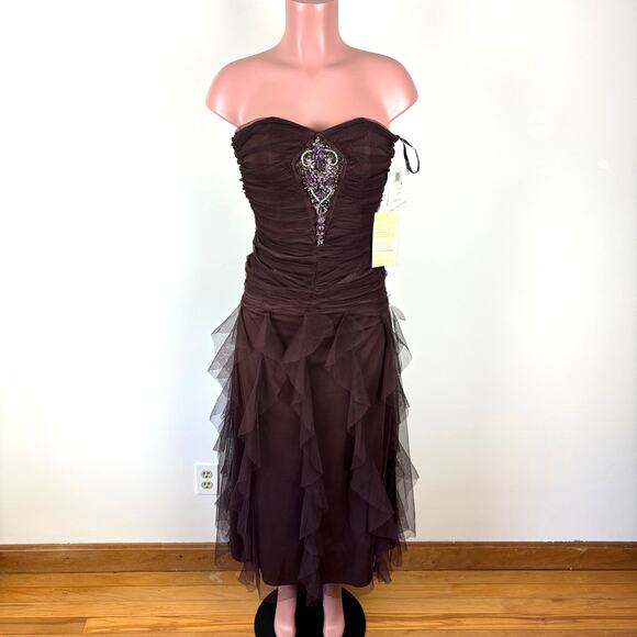 Jessica McClintock Strapless Beaded Tulle Dress 90s Y2K Fairy ruched NEW 4 Brown - Picture 1 of 13